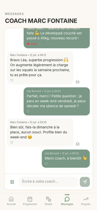 App Studio Gym 360 — Messagerie coach