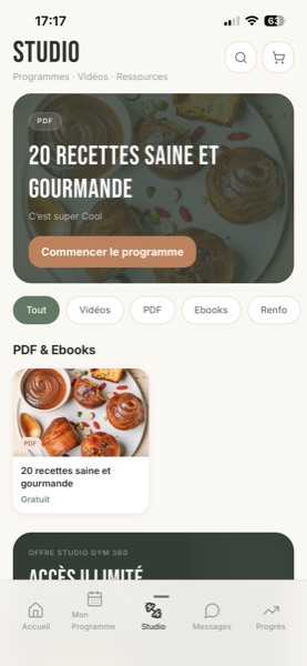 App Studio Gym 360 — Studio & contenus