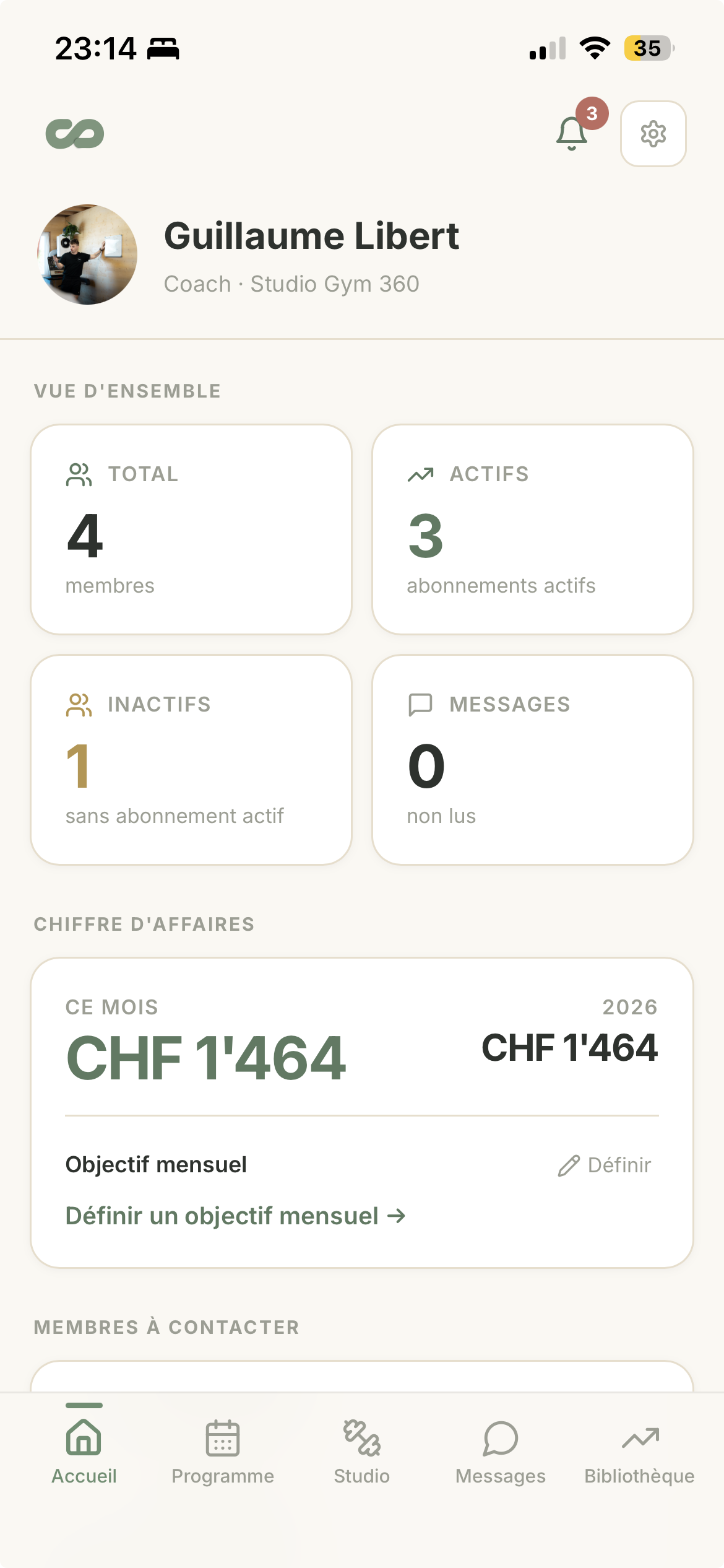App Studio Gym 360 coachs — Dashboard