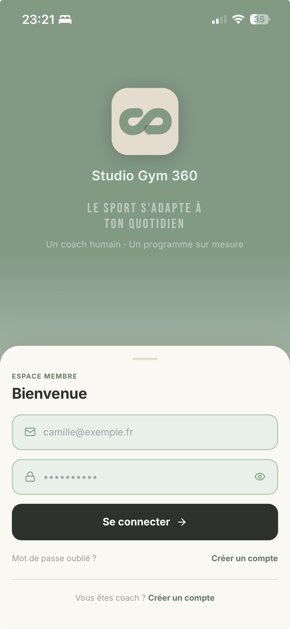 App Studio Gym 360 coachs — Connexion